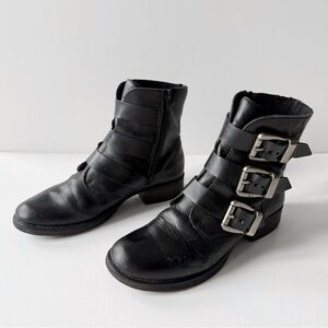 VTG Rieker Woman Black Leather 3 Strap Buckle Biker Moto Boots EU41 Grunge Goth